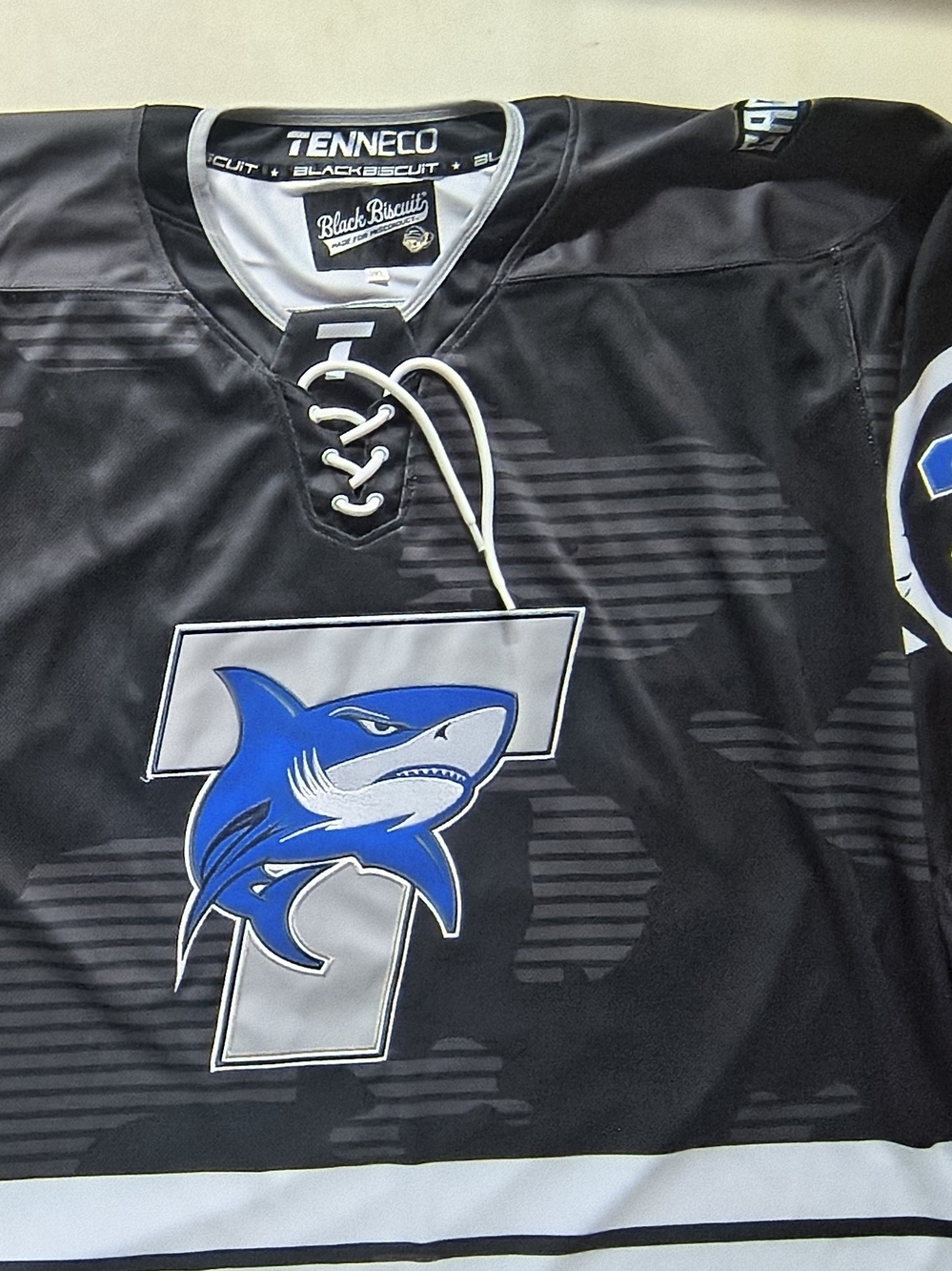 Black Biscuit Men's Black Hockey Jersey with Blue Shark Logo 2XL